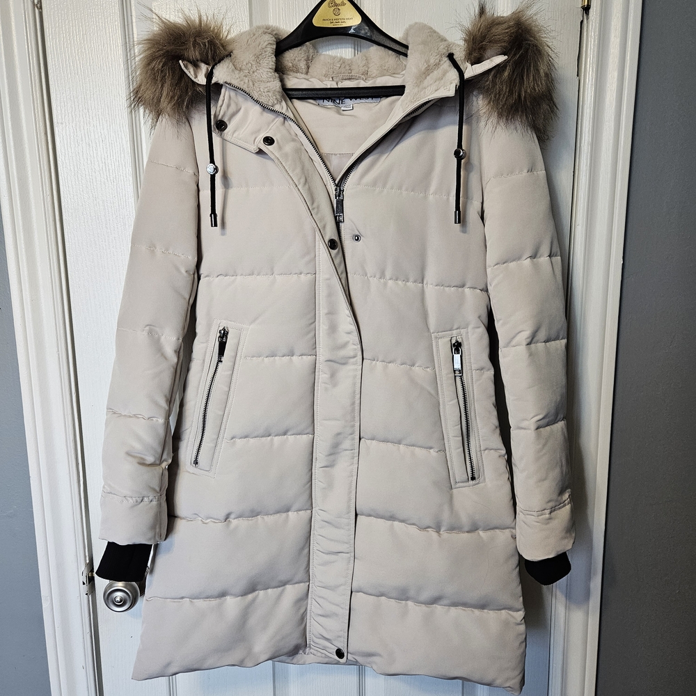 Nine West Light Beige Puffer Coat with Fur Hood
